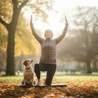 anziano Britannico donna praticante yoga - ai generato foto