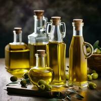elegante bicchiere bottiglie oliva olio per culinario creazioni - ai generato foto
