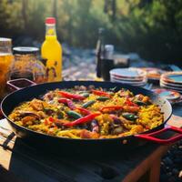 all'aperto cucinando valenciano paella - ai generato foto