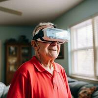 anziano uomo utilizzando ar bicchieri - ai generato foto