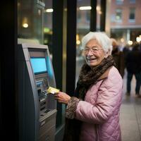 anziano donna di ATM indipendenza - ai generato foto