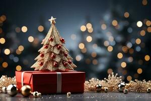 ai generativo sfondo di Natale albero e rosso regalo scatola su un' Natale vuoto sfondo con copia spazio foto