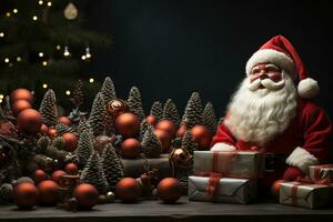 ai generativo Natale bandiera con copia spazio per testo, Santa Claus celebrare con confezioni regalo, abete albero rami e rosso ornamenti, buio colore sfondo foto