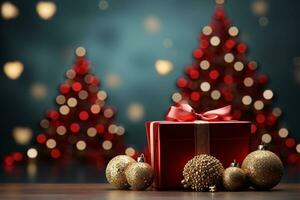 ai generativo sfondo di Natale albero e rosso regalo scatola su un' Natale vuoto sfondo con copia spazio foto