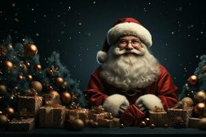 ai generativo Natale bandiera con copia spazio per testo, Santa Claus celebrare con confezioni regalo, abete albero rami e rosso ornamenti, buio colore sfondo foto