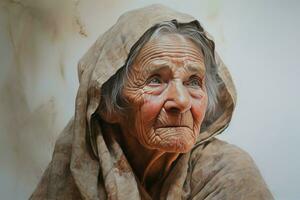 non raffinato tela incompiuto dipingere vecchio donna opera. creare ai foto