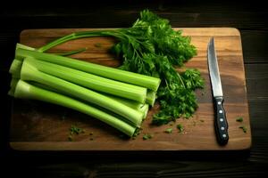 tavola con fresco verde sedano e coltello. creare ai foto