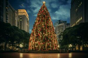 Natale albero illuminazione a notte strada. creare ai foto