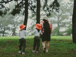 contento giovane donna con sua figlia a piedi su un' campo viaggio insieme nel il montagne. famiglia su un' escursioni a piedi avventura attraverso il foresta. genitori insegnare loro bambini di natura e impianti. foto