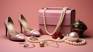 moda ancora vita con rosa scarpe, perle, Borsa e gioielleria su rosa sfondo ai generato foto
