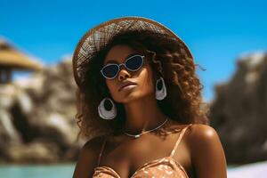 un' donna godendo un' soleggiato giorno a il spiaggia nel elegante cappello e occhiali da sole. ai generato foto