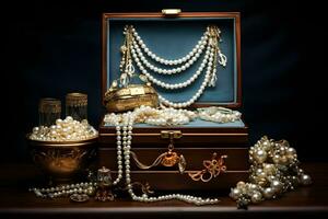 un' meravigliosamente ornato gioielleria scatola pieno con perle e altro squisito pezzi. ai generato foto