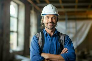 un' uomo lavoratore indossare un' difficile cappello e un' blu camicia. ai generato foto