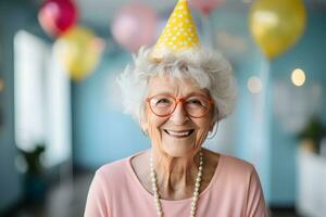 un più vecchio donna indossare un' festa cappello e occhiali. ai generato foto