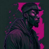 illustrazione di un' nero cantante rap nel un' viola e verde duotone stile, ai generativo foto