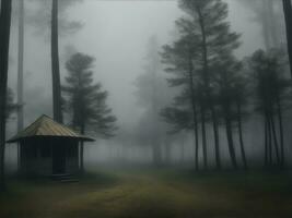 nebbioso foresta atmosfera con un' lunatico stile foto