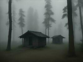 nebbioso foresta atmosfera con un' lunatico stile foto