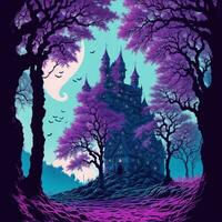 Halloween illustrazione con castello e albero, nel risografo stile ai generativo foto