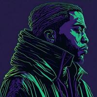 nero cantante rap illustrazione con duotone stile, viola e verde colore, ai generativo foto