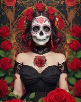 un' donna con il Rose cranio, zucchero cranio, il dat di il morto, ai generato foto