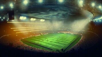 superiore Visualizza di un' calcio stadio con il sta pieno di fan guardare a il gioco. 3d interpretazione foto
