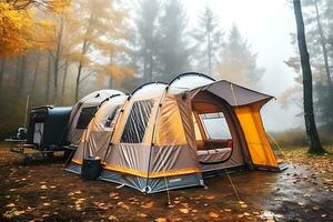 un' grande turista tenda sta nel il mezzo di il foresta nel autunno nebbioso piovoso tempo atmosferico. ai generativo foto