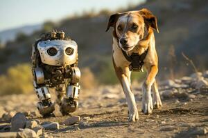 ai generativo. un' grande cane e un' robot cane mossa insieme lungo un' strada nel un' collinoso la zona durante il giorno. orizzontale foto