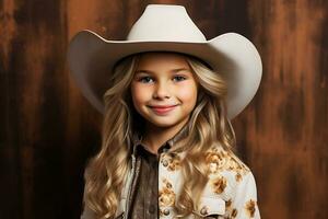 ai generativo. cowgirl bambino nel un' bianca cowboy cappello in posa su un' Marrone sfondo, sorridente e guardare a il telecamera. orizzontale foto