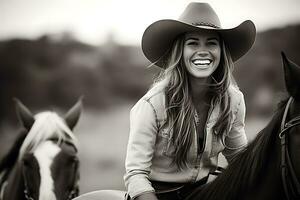 ai generativo. un' giovane cowgirl donna nel un' cowboy cappello ride. fotografia nel nero e bianca. orizzontale foto