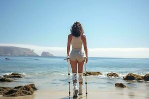 un' giovane Disabilitato donna con protesico gambe nel un' corto grigio tuta da ginnastica pose contro il fondale di il mare nel soleggiato tempo atmosferico. donna in posa con sua indietro per il telecamera. ai generativo foto