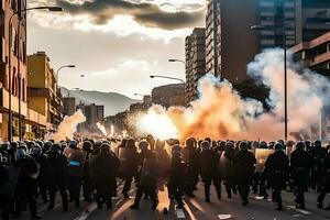 ai generativo. protesta nel il città centro accompagnato di incendi e distruzione foto