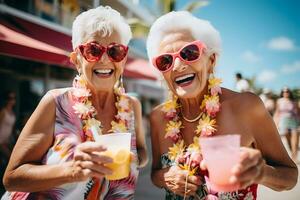 ai generativo. Due anziano donne nel luminosa estate Abiti con cocktail nel loro mani Guarda a il telecamera e ridere. donne rilassante su il spiaggia. orizzontale foto