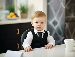 carino grave bambino piccolo ragazzo vestito come un' attività commerciale uomo seduta a il tavolo a casa e in attesa per pasto. ai generativo foto