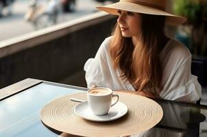 ai generativo. un' giovane donna nel un' cannuccia cappello si siede a un' bianca tavolo con un' tazza di caffè nel caldo soleggiato tempo atmosferico. orizzontale foto