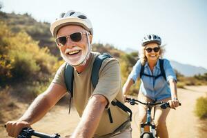 ai generativo. illustrazione di un anziano coppia equitazione lungo un' bicicletta sentiero con un' Sorridi su loro viso. orizzontale illustrazione foto