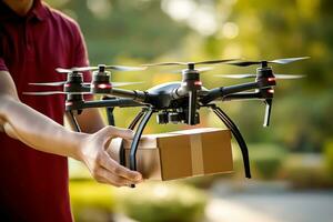 ai generativo. un' uomo riceve o invia un' consegna di drone. consegna nel un' cartone scatola foto
