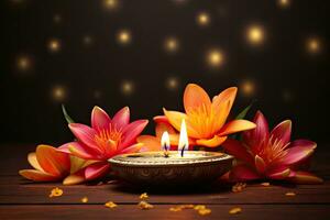 bellissimo terme composizione con ardente candela e loto fiori su buio sfondo, contento Diwali Festival di luci sfondo con diya e fiori, ai generato foto