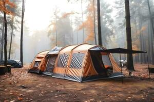 un' grande turista tenda sta nel il mezzo di il foresta nel nebbioso piovoso autunno tempo atmosferico. ai generativo foto