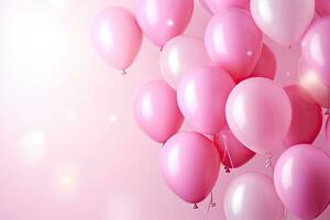 mazzo di rosa palloncini su pastello rosa sfondo con copia spazio, contento compleanno lettering su rosa palloncini sfondo, vacanza e celebrazione concetto, ai generato foto