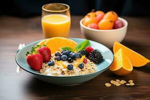 salutare prima colazione con fiocchi d'avena, frutti di bosco e arancia succo su di legno tavolo, chia seme budino con fragole, mirtilli e Banana bicchiere barattolo, salutare prima colazione ciotola con avena muesli, ai generato foto