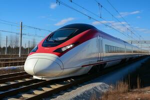 ai generativo. alta velocità treno su il modo. il treno arriva o parte a partire dal il stazione. orizzontale foto