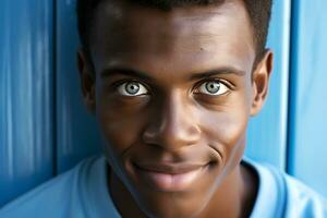 avvicinamento ritratto di un africano americano uomo con blu occhi. uomo guardare a telecamera sorridente. ai generativo foto