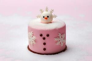 ai generativo. Natale rosa torta decorato con i fiocchi di neve e pupazzo di neve foto