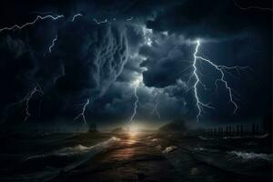 il nube tempesta al di sopra di il mare, oceano tempestoso fantasia notte paesaggio, generativo ai illustrazione foto