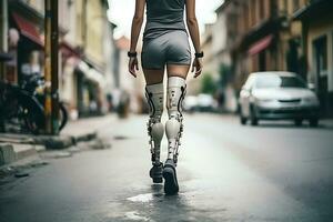 un' Disabilitato donna con protesi anziché di gambe nel corto grigio pantaloncini passeggiate lungo il città strada solo. il ragazza passeggiate con sua indietro per il telecamera. ai generativo foto