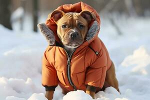 ai generativo. un' cane nel un' caldo arancia giacca con un' cappuccio pose nel un' inverno parco seduta su il neve foto