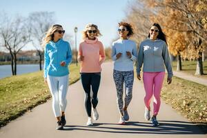 ai generativo. quattro ragazze amici nel confortevole abbigliamento sportivo a piedi nel il parco foto