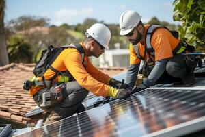 Due lavoratori installare solare pannelli su il tetto di un appartamento costruzione. ai generativo foto