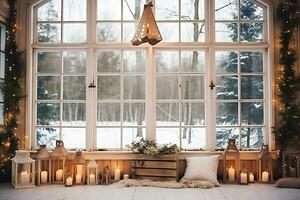 ai generativo. inverno giardino con grande finestre dove ghirlande appendere e candele incandescenza. orizzontale foto