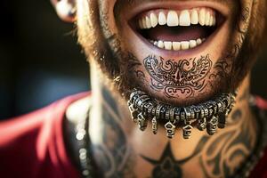 ai generativo. salutare denti e un' bellissimo largo Sorridi di un' giovane uomo con tatuaggi su il suo viso foto